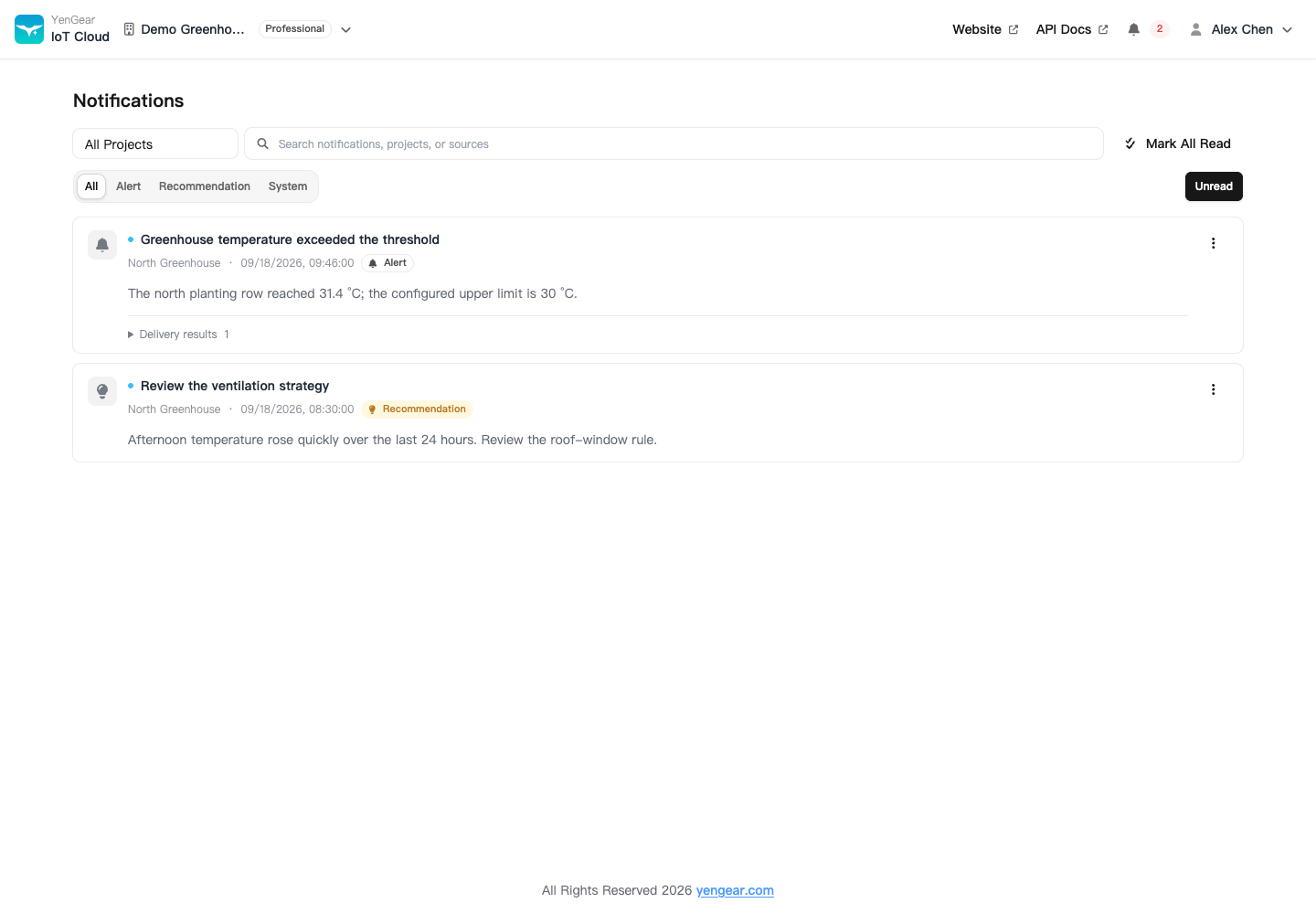 In-app notification list