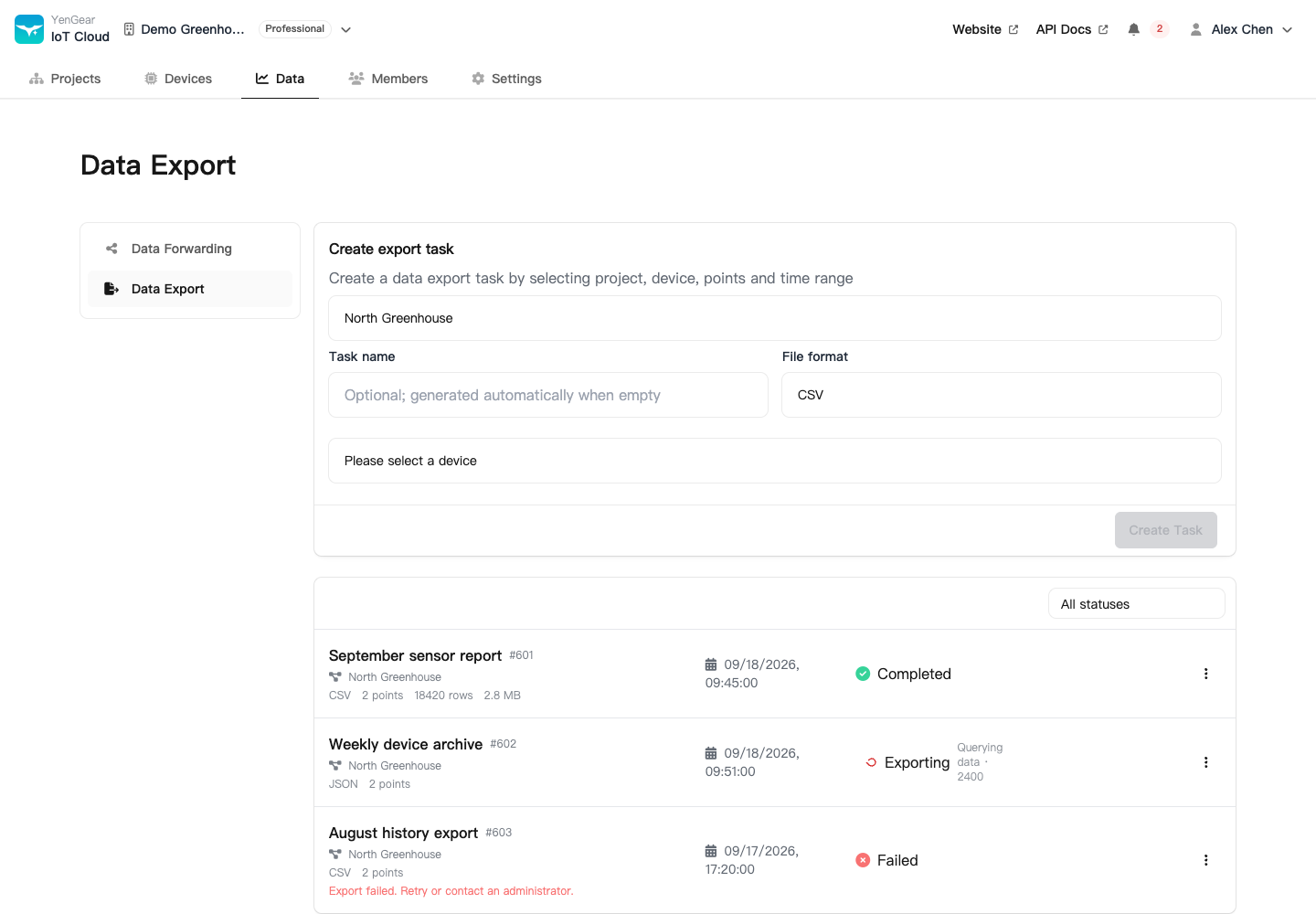 Historical data export tasks